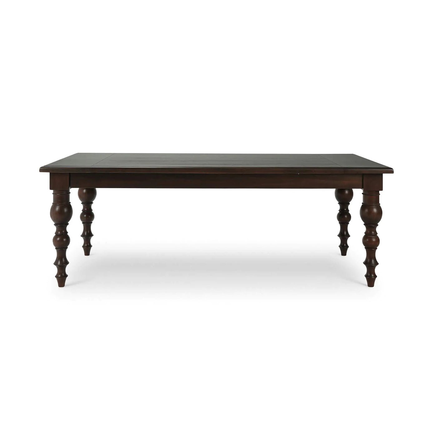 Dark wooden dining table front full view.
