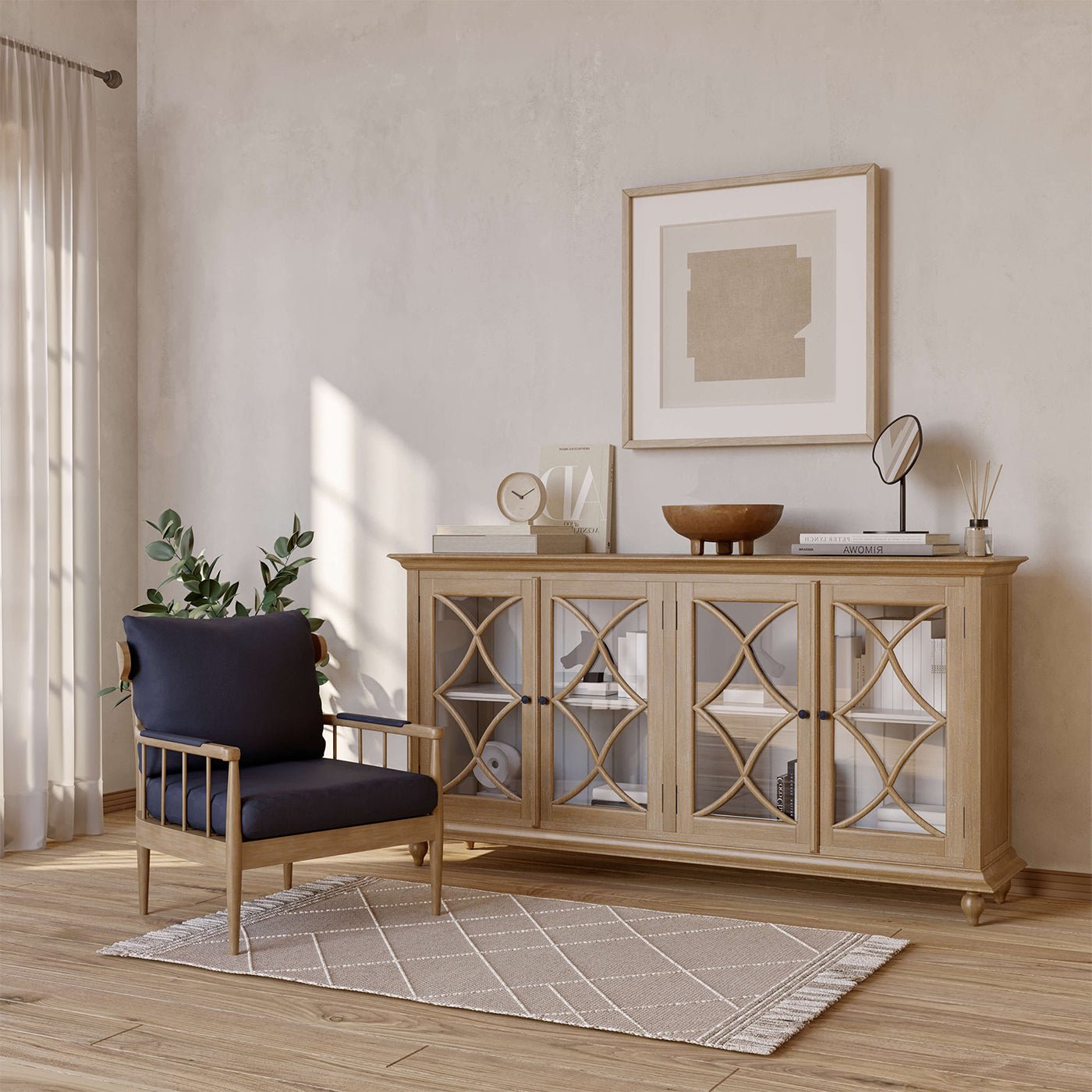 Classic four-door credenza, styled in a room setting.