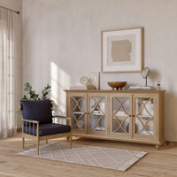 Classic four-door credenza, styled in a room setting.