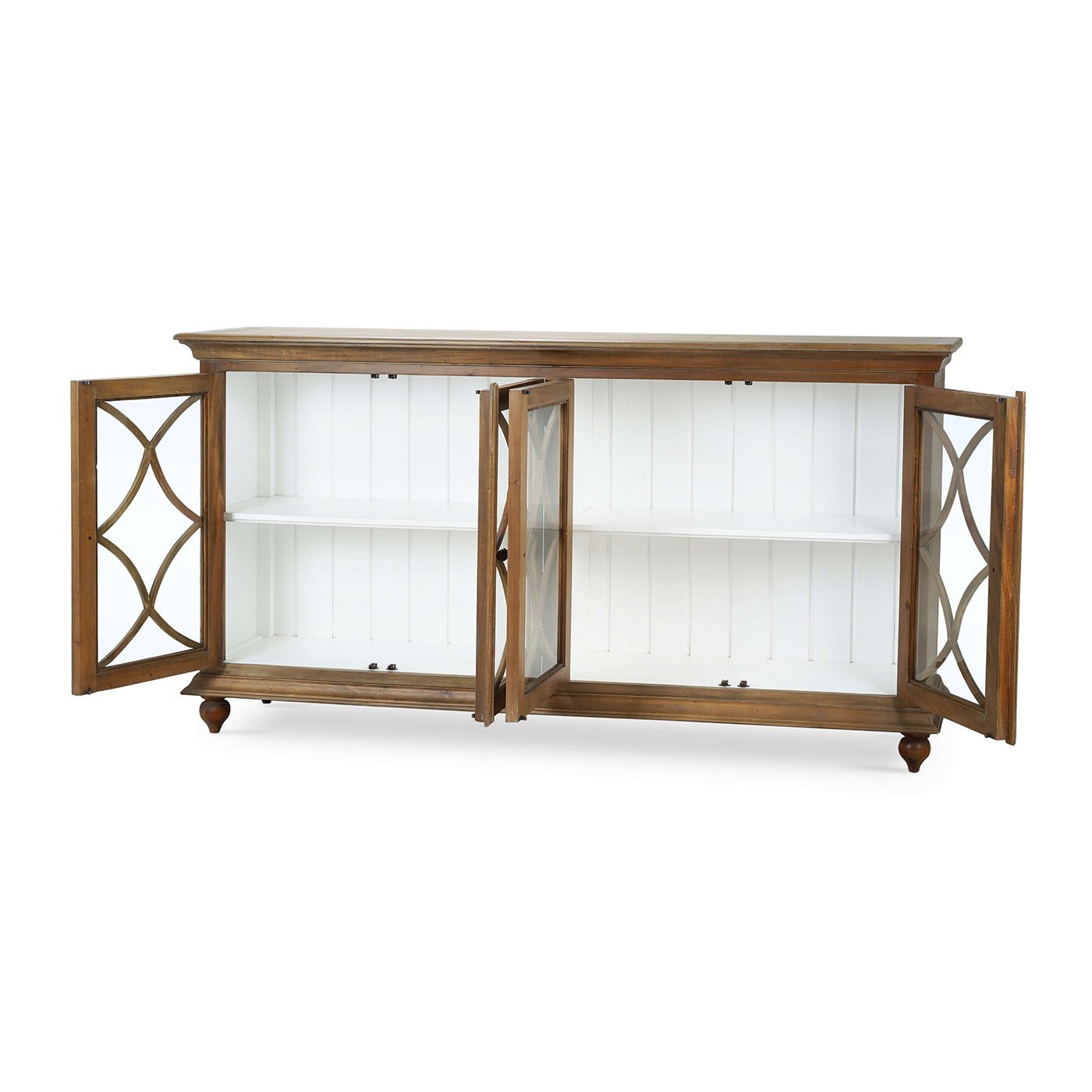 Classic four-door credenza, doors open showing interior.
