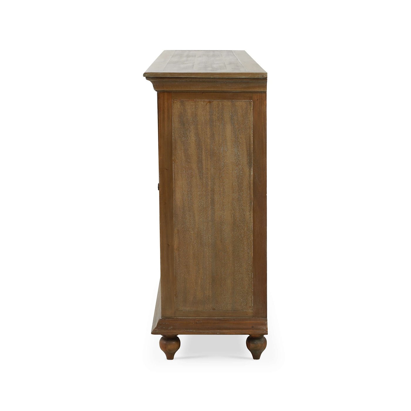 Classic four-door credenza, side profile view.