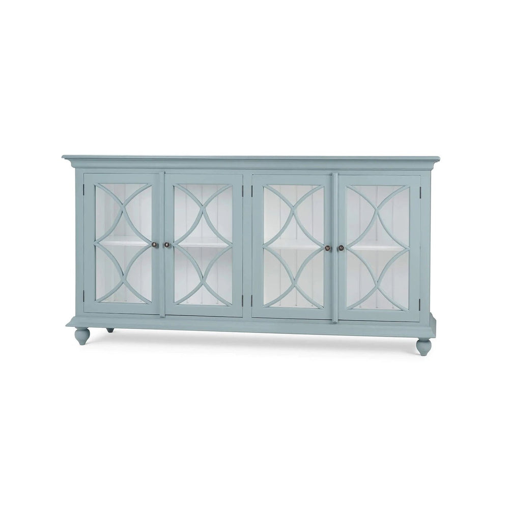 Frosted blue credenza, front view, decorative doors.