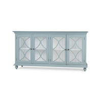 Frosted blue credenza, front view, decorative doors.