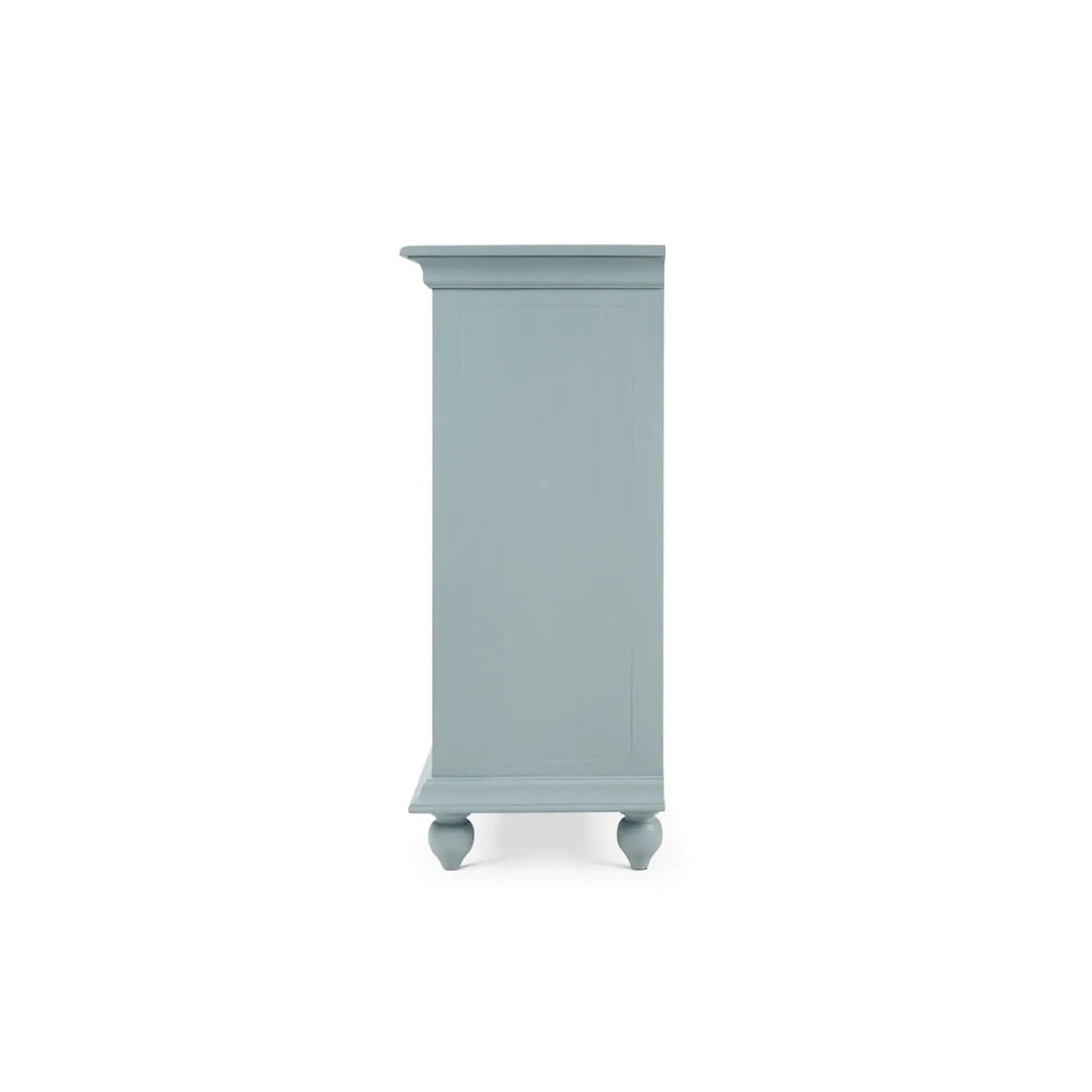 Side profile view of blue credenza.