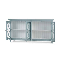 Credenza doors open, view of interior shelves.