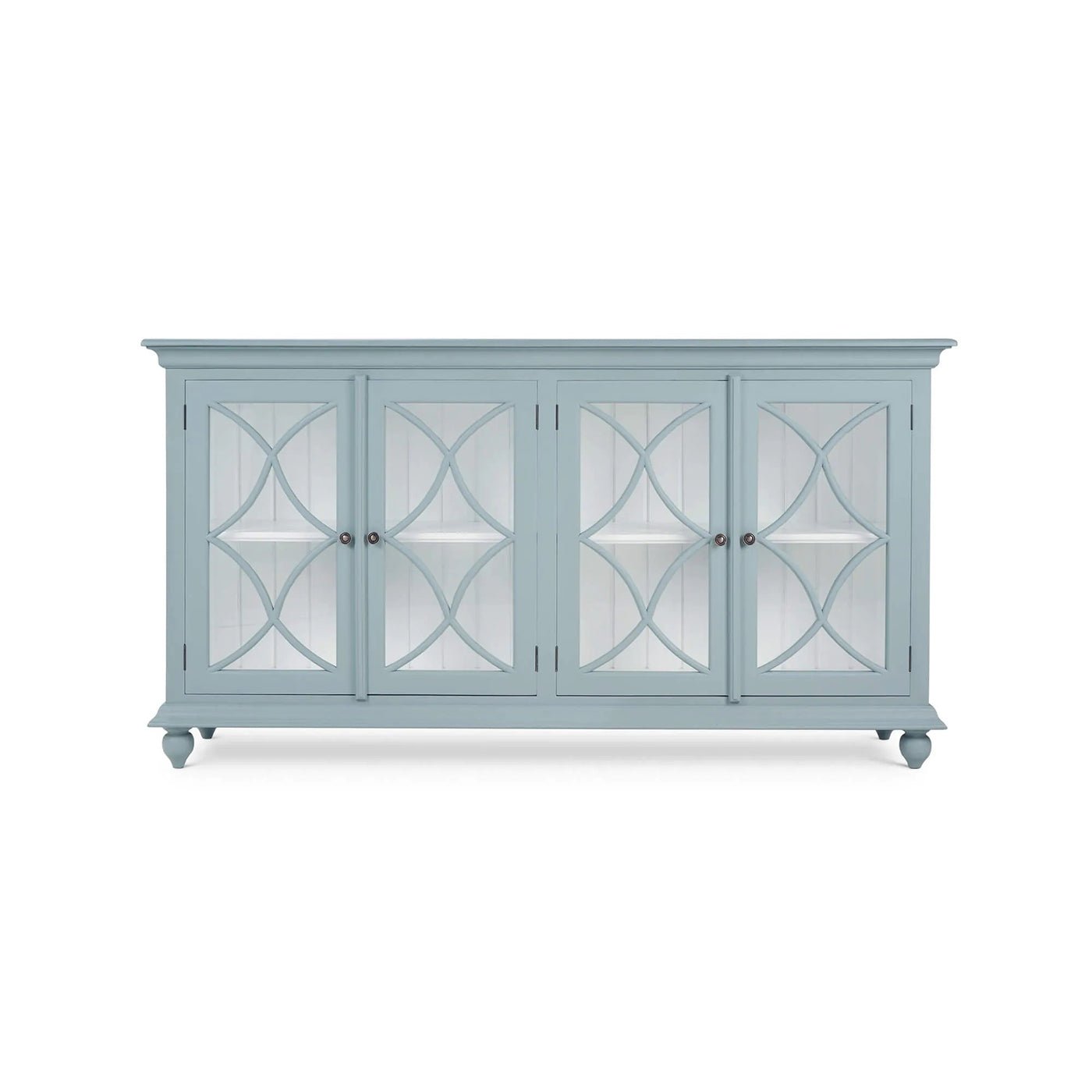 Classic frosted blue credenza, front view, glass doors.