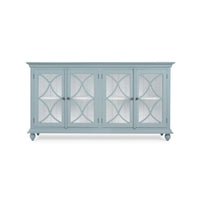 Classic frosted blue credenza, front view, glass doors.