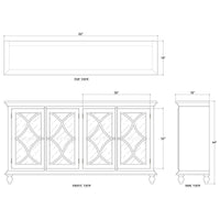 Dimensioned line drawing of credenza, front, side, top view.