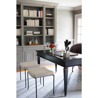 Black desk in styled living room with bookshelves.