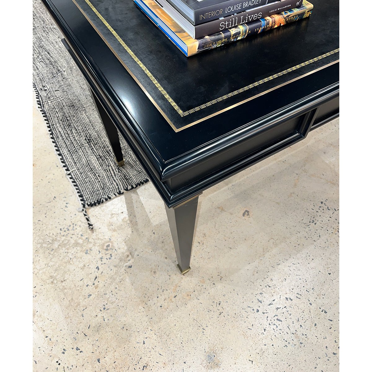 Overhead view of desk surface with decorative elements.