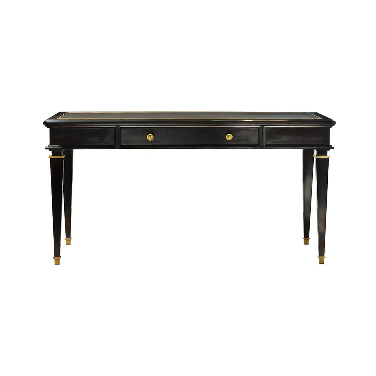 Elegant black desk front view with brass accents.