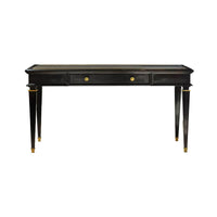Elegant black desk front view with brass accents.