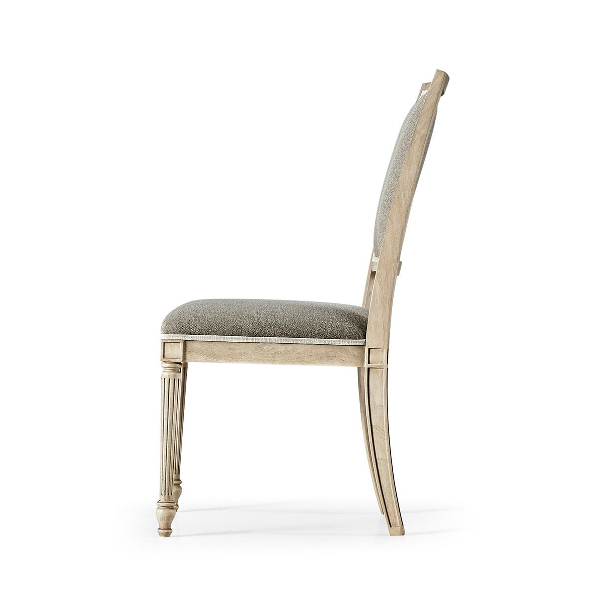 Profile of classic French dining chair showcasing legs.