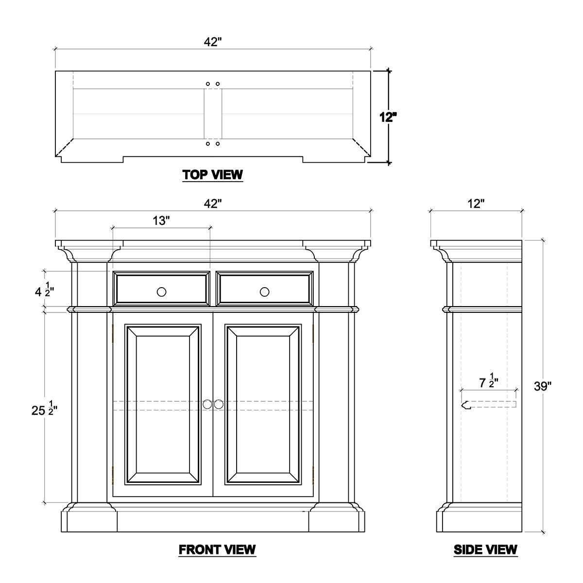 Technical sketch of classic French small credenza dimensions