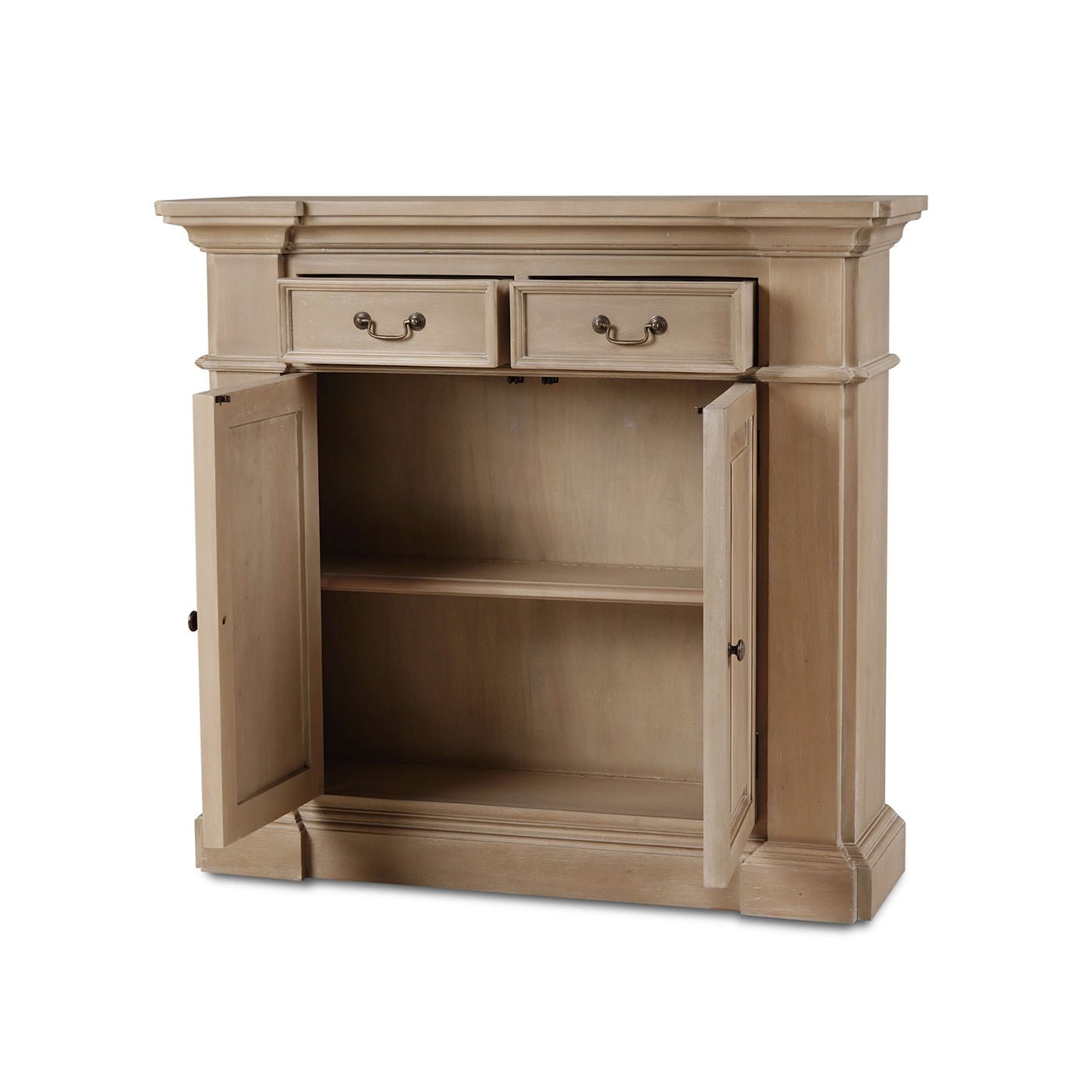 Open classic French small credenza showing shelves