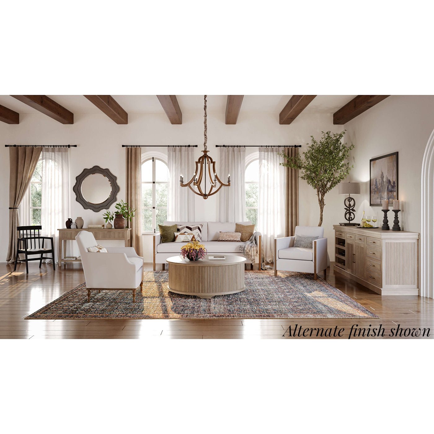 Classic buffet bar cabinet in styled living room.