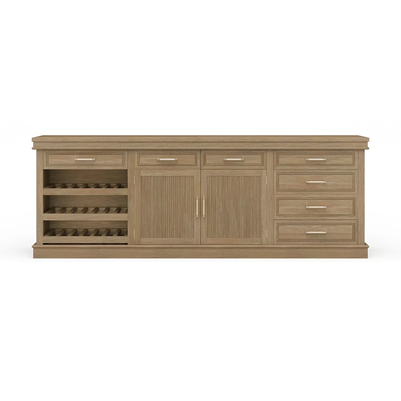 Straight-on view of buffet bar cabinet with drawers.