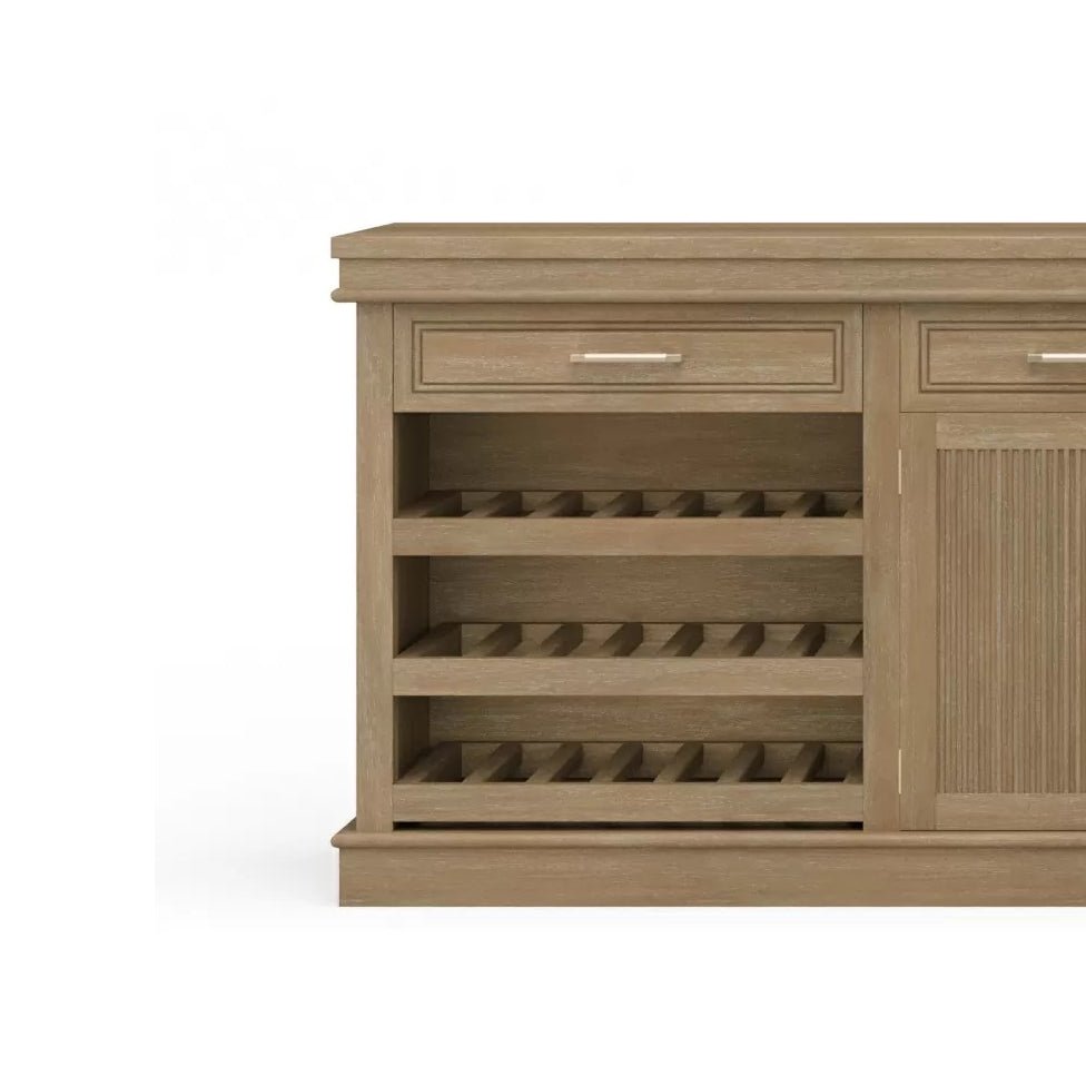 Close-up of wine rack on buffet bar cabinet.