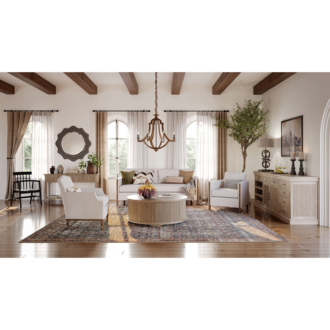 Living room with buffet cabinet, modern decor.