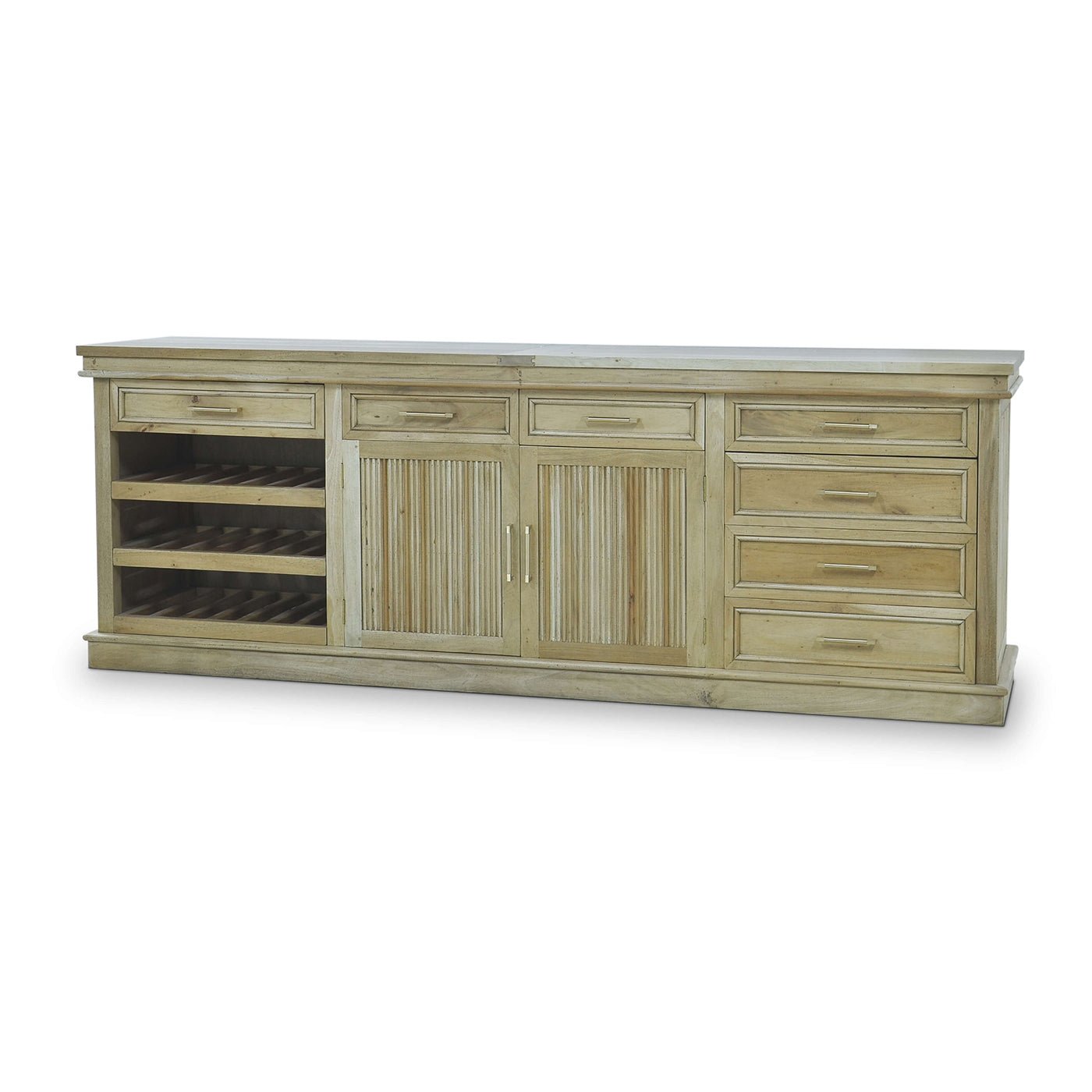 Classic buffet bar cabinet side angle with drawers.