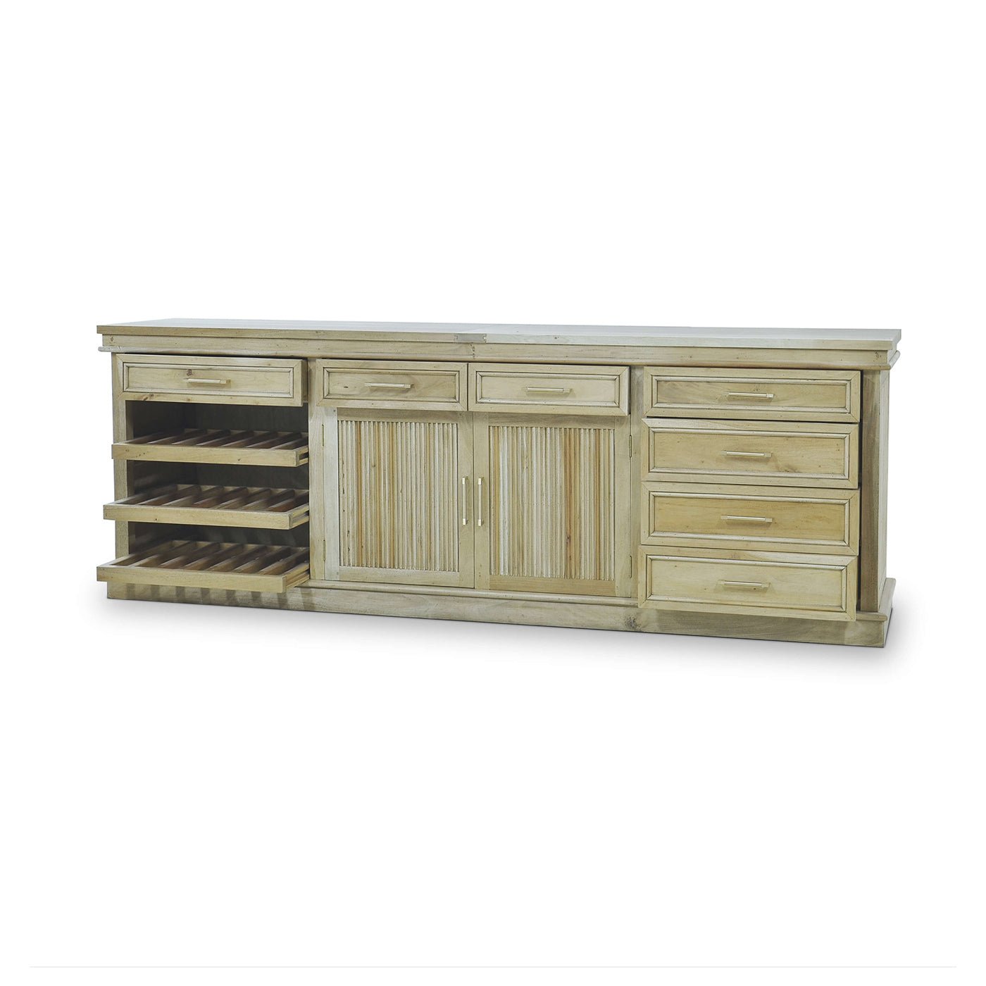 Buffet cabinet with open drawers, fruitwood finish.