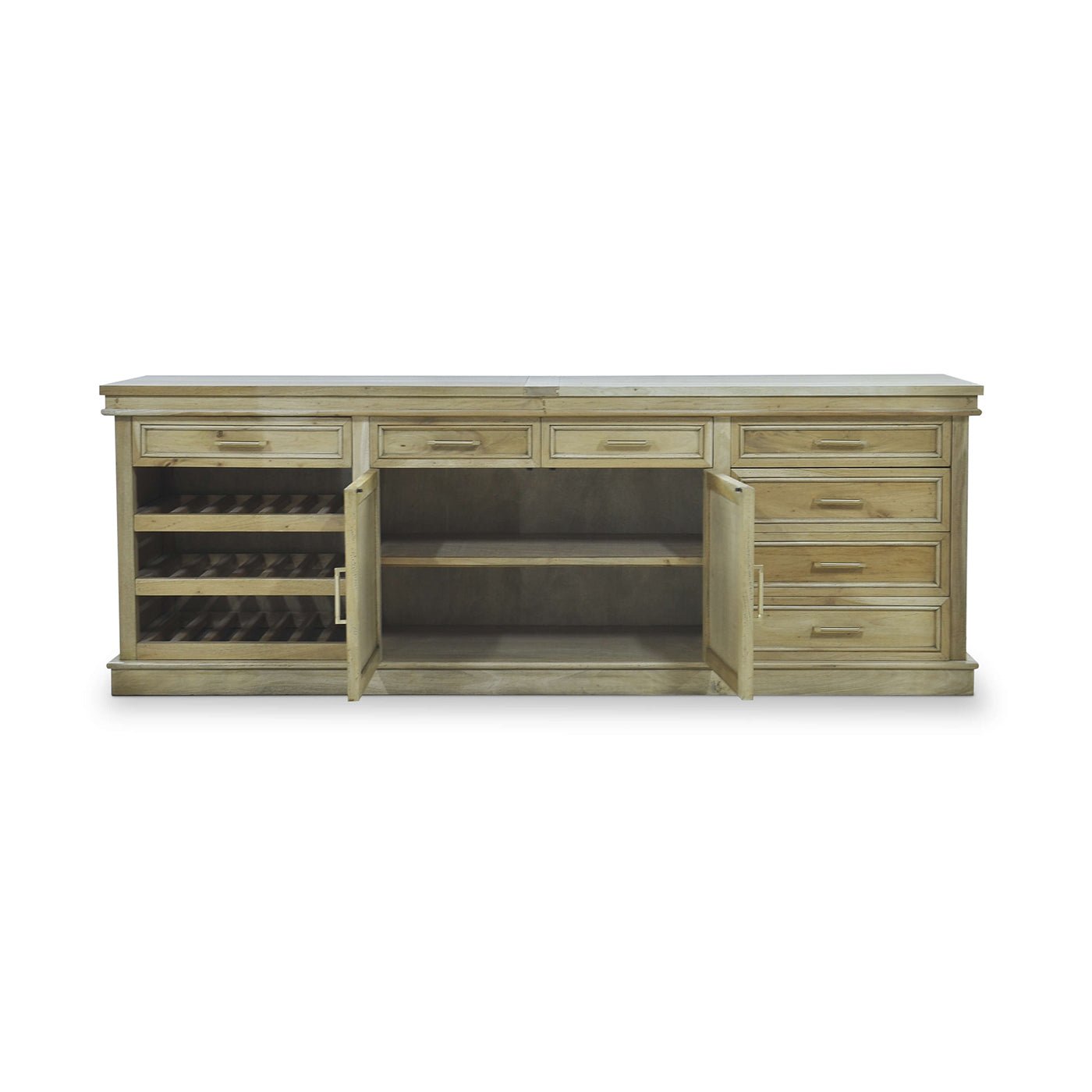 Buffet cabinet with open doors, interior storage view.