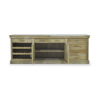 Buffet cabinet with open doors, interior storage view.