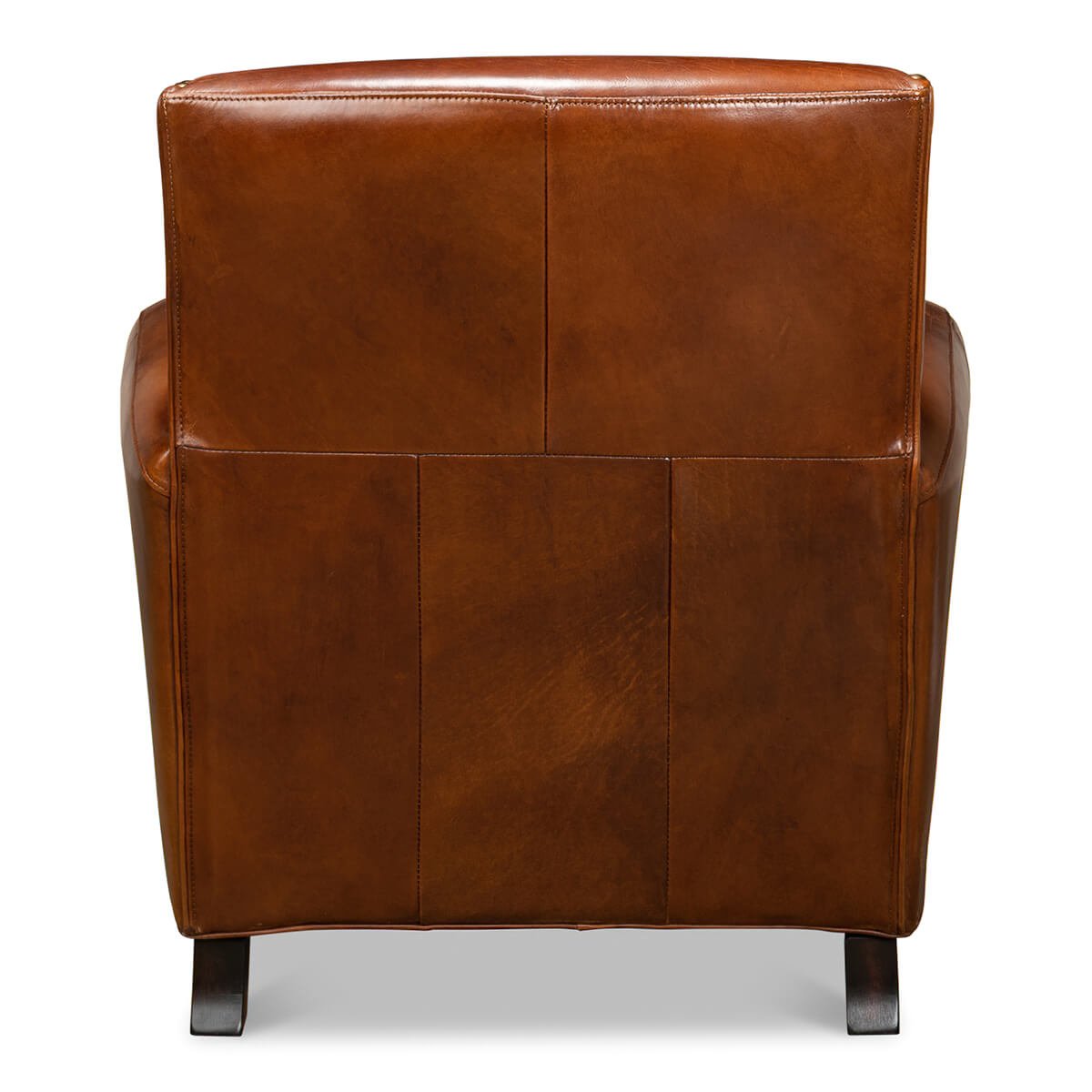 Back view of brown leather armchair upholstery.