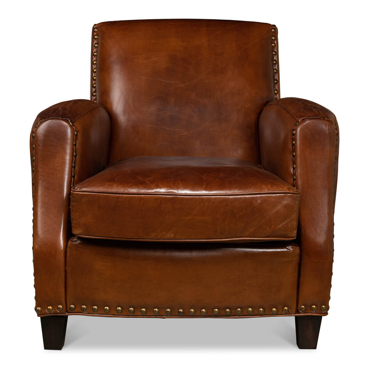Brown leather armchair close-up front view detailed look.