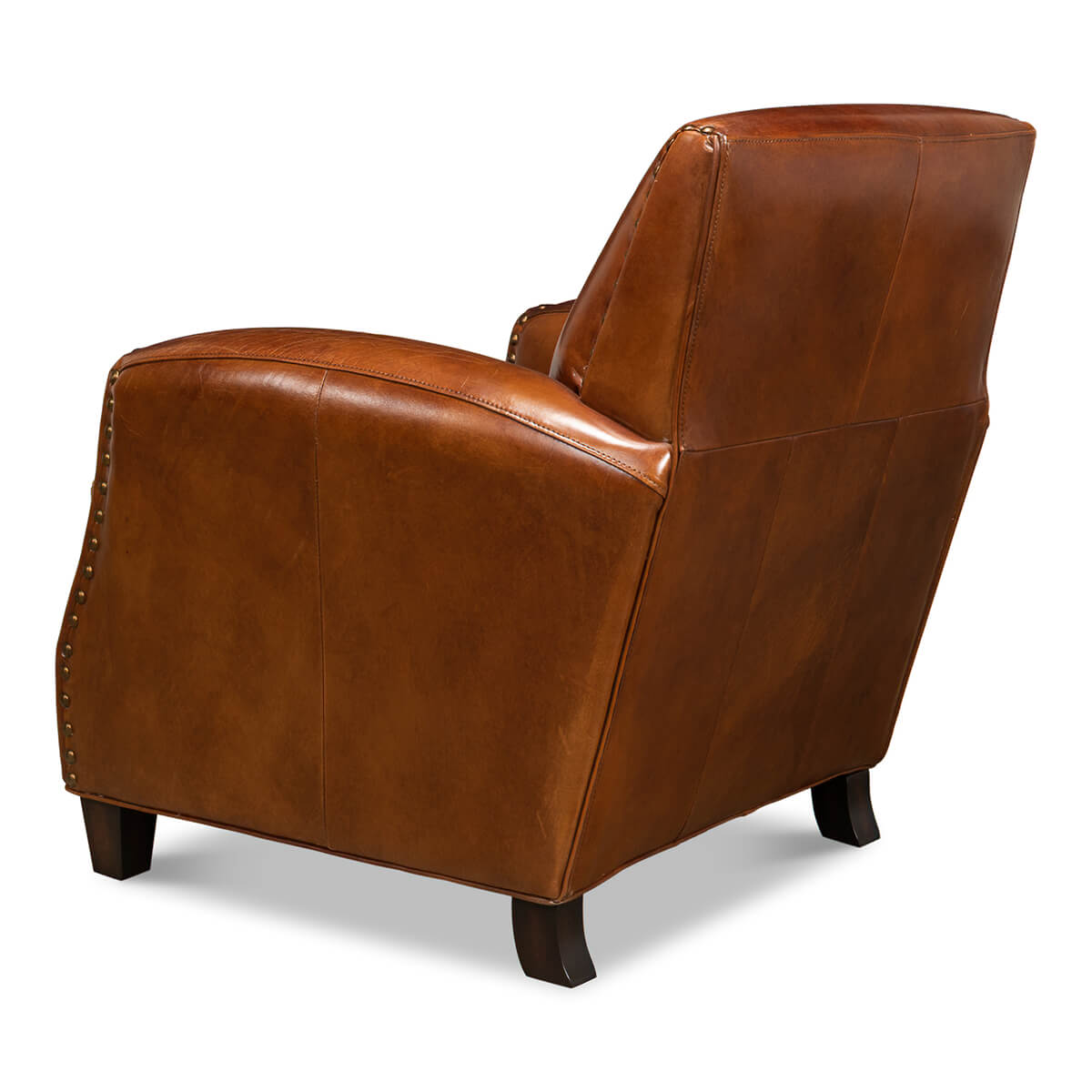 Angled back view of brown leather armchair design.