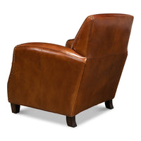 Angled back view of brown leather armchair design.
