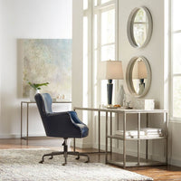 Blue leather office chair in home office setting.