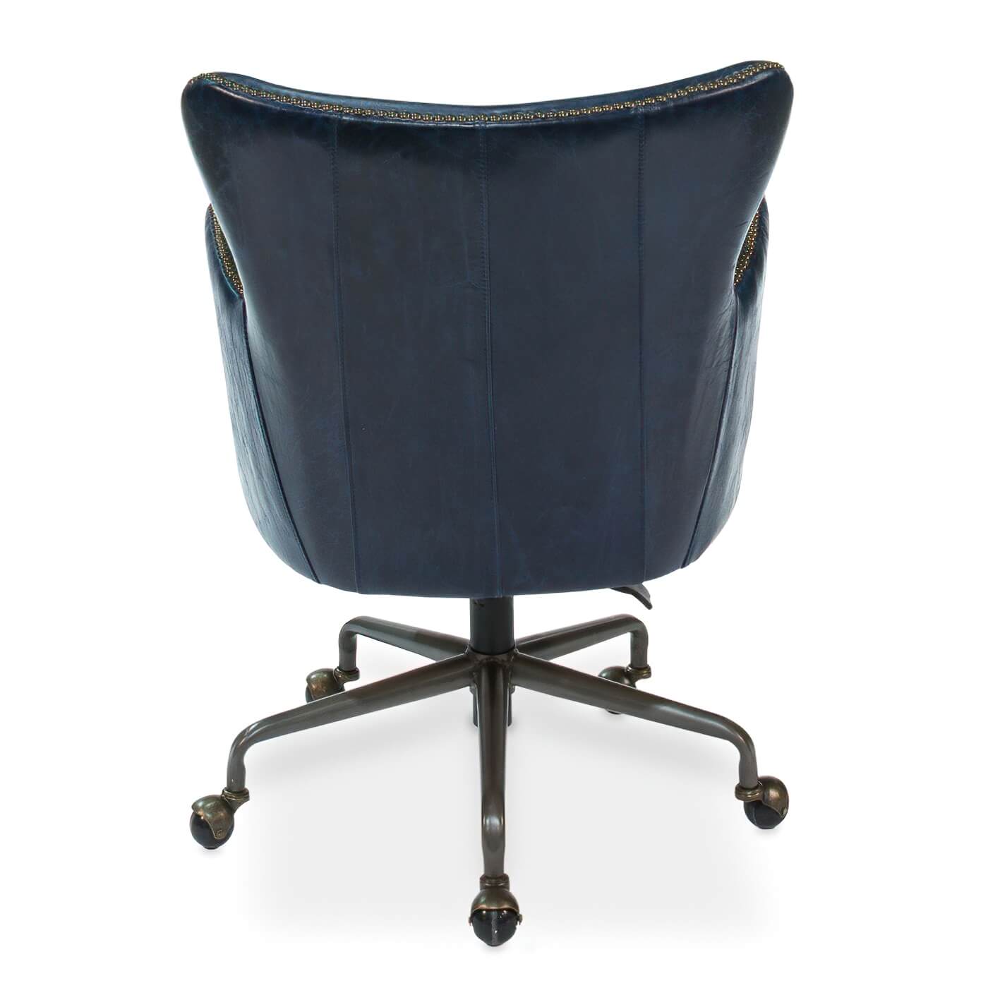 Back view of blue leather office chair.