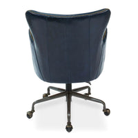 Back view of blue leather office chair.