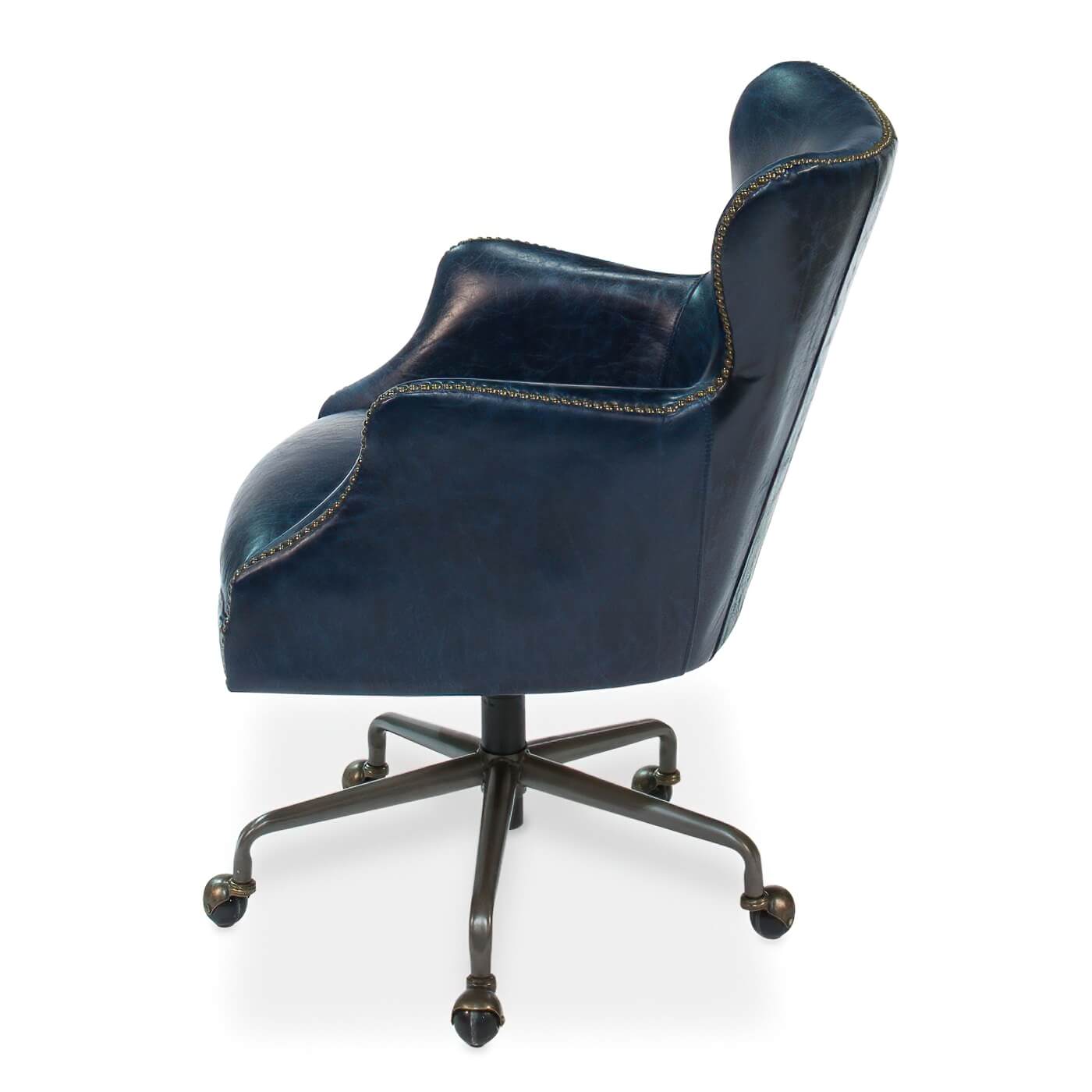 Side profile of blue leather office chair.
