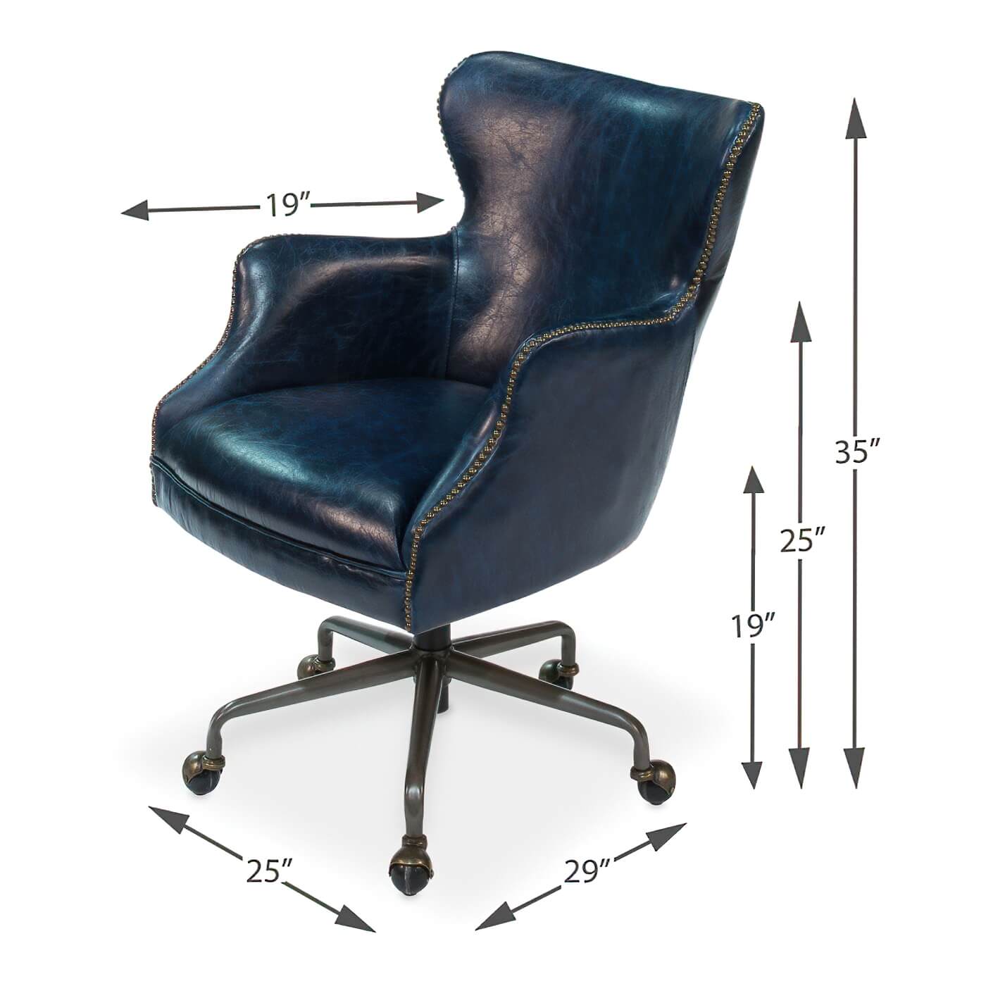 Dimensions of blue leather office chair illustrated.