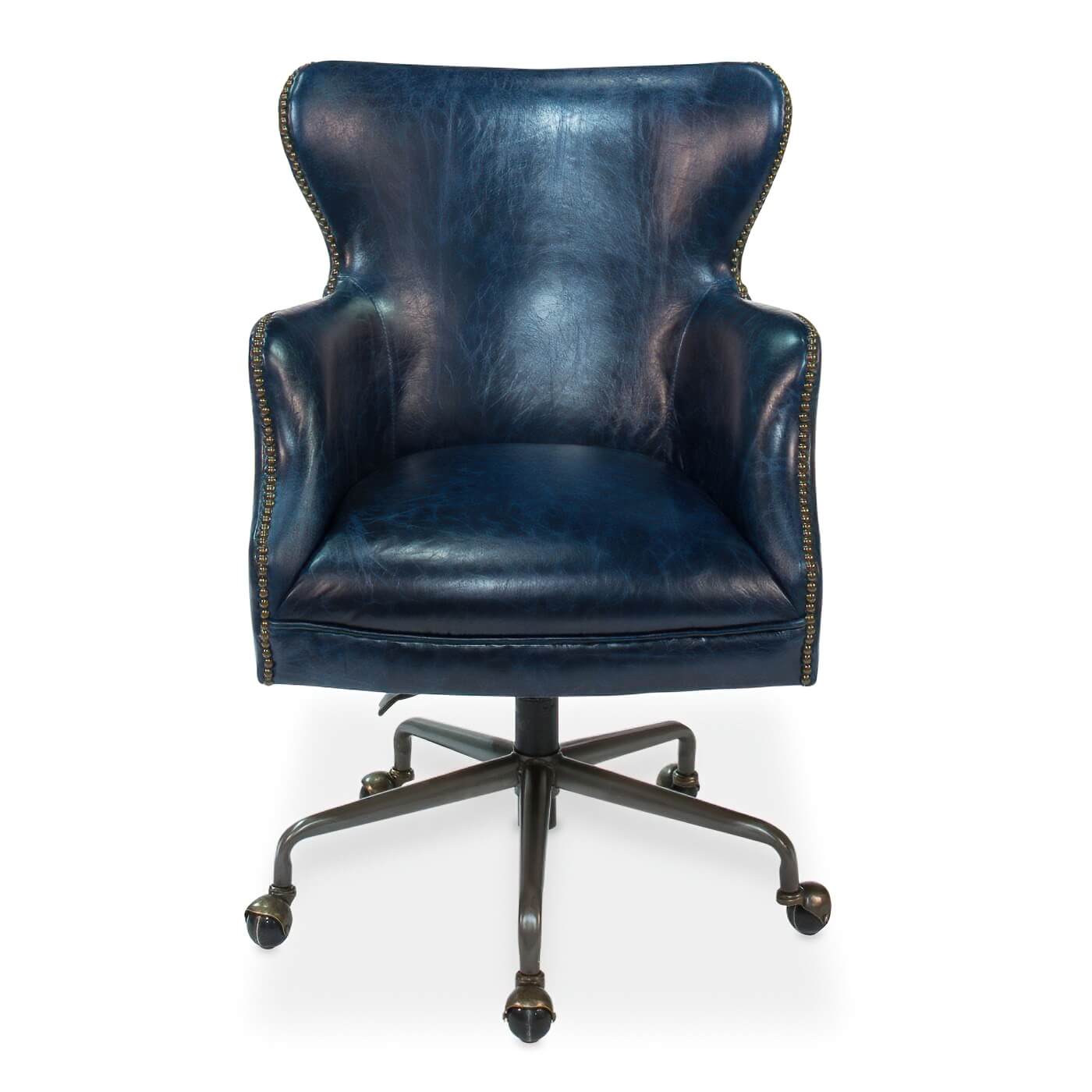 Front view of blue leather office chair.
