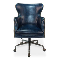 Front view of blue leather office chair.