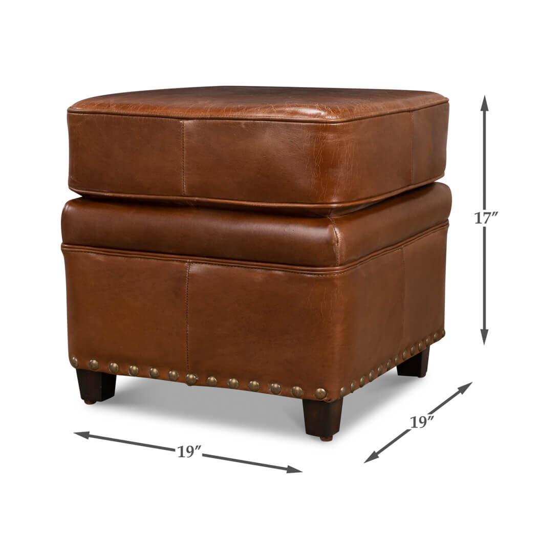 Leather ottoman with dimensions displayed for size reference.