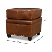 Leather ottoman with dimensions displayed for size reference.