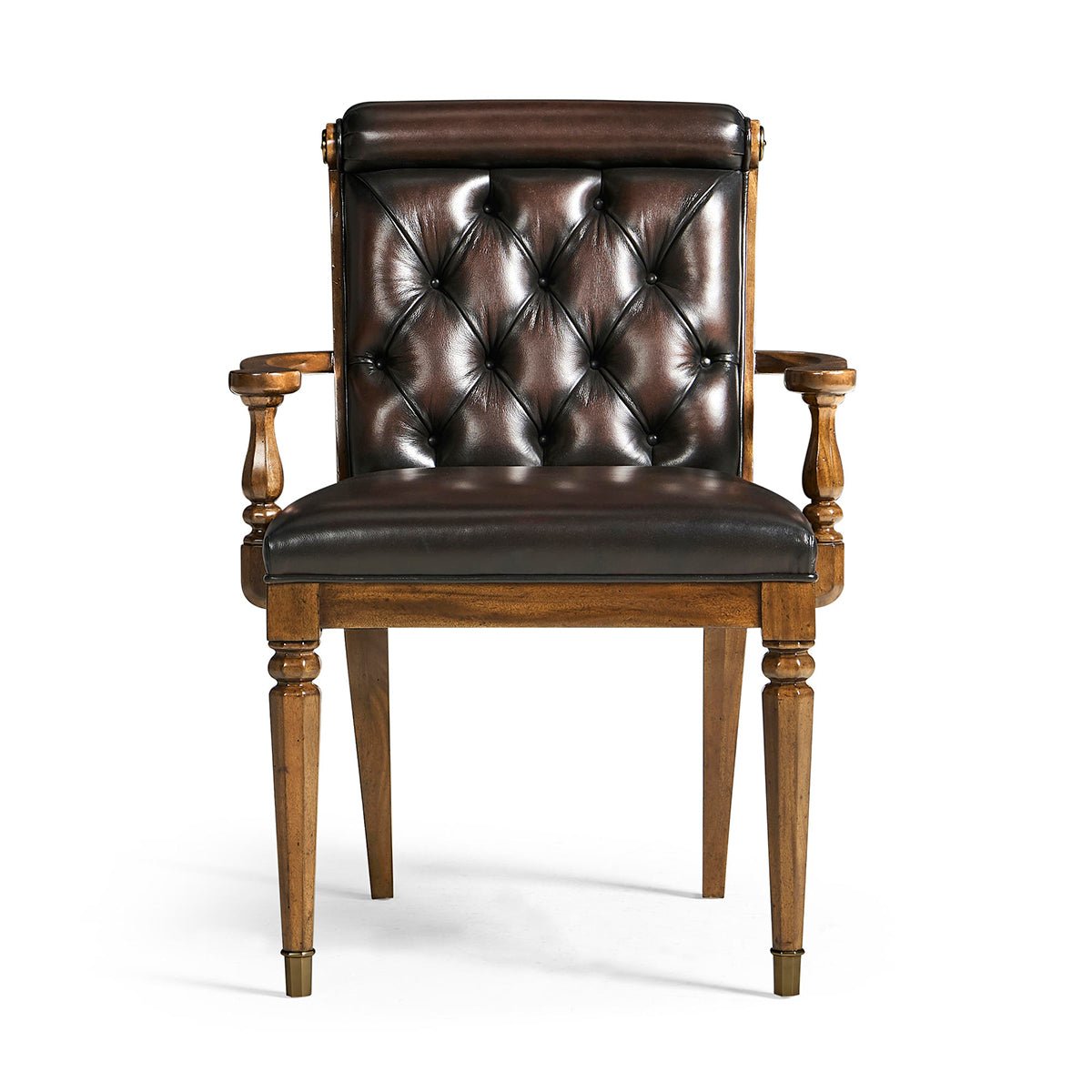 Leather tufted dining armchair front view.