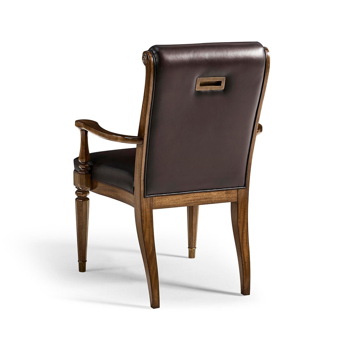 Leather tufted dining armchair back view.