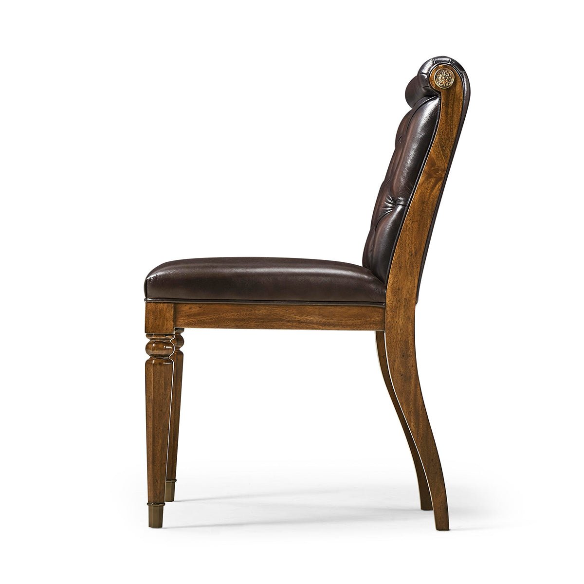 Side profile, intricate details of classic tufted dining chair.