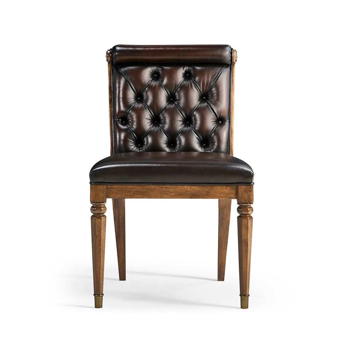 Front view, elegant classic leather tufted dining chair.