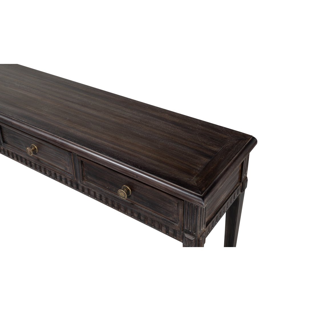 Close-up of table surface with wood grain details.