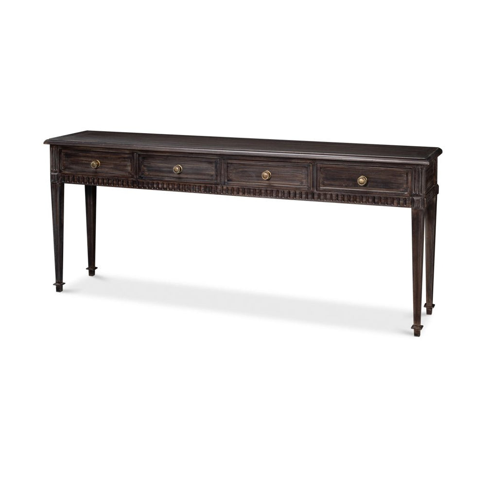 Side view of classic long console table with drawers.