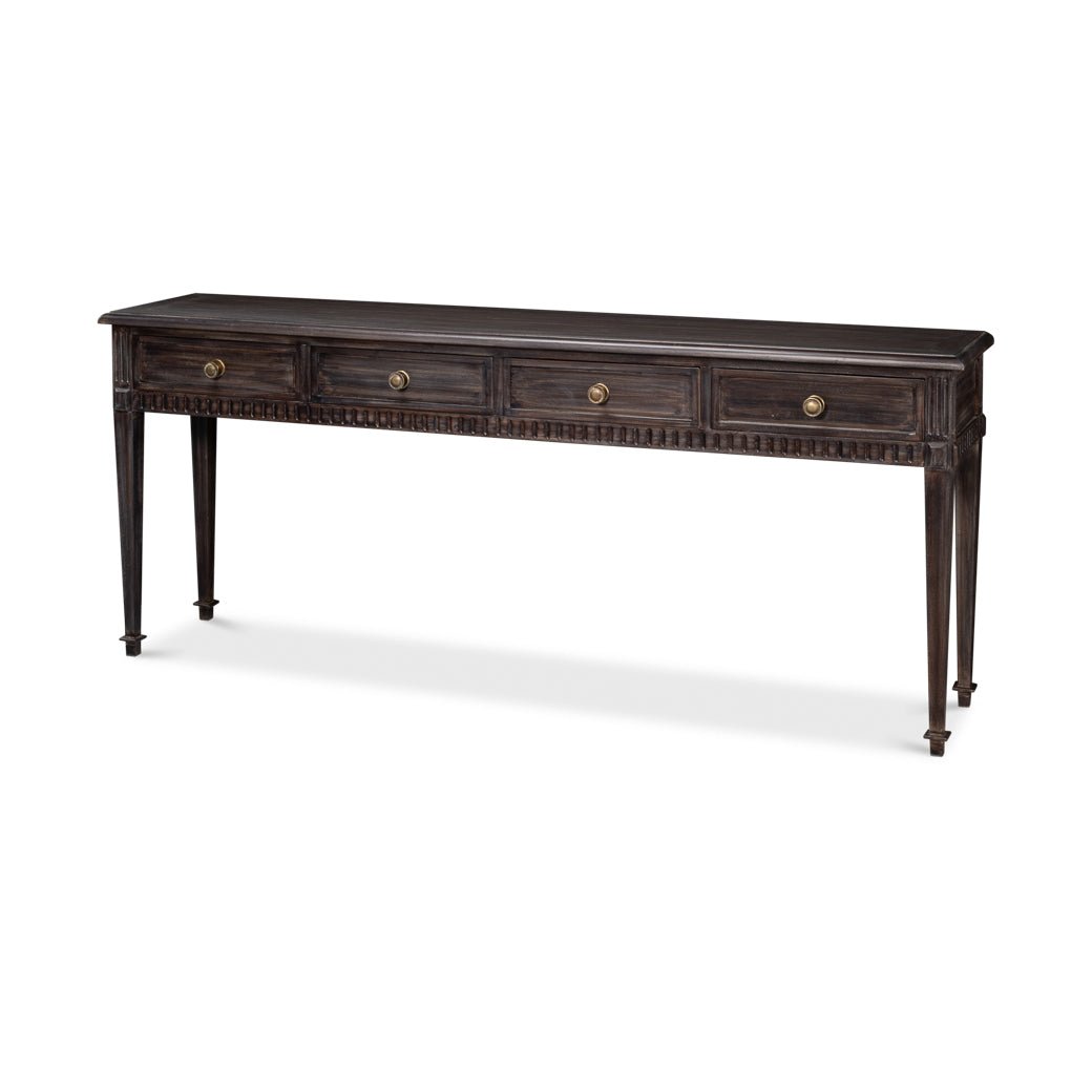 Side view of classic long console table with drawers.