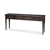 Side view of classic long console table with drawers.