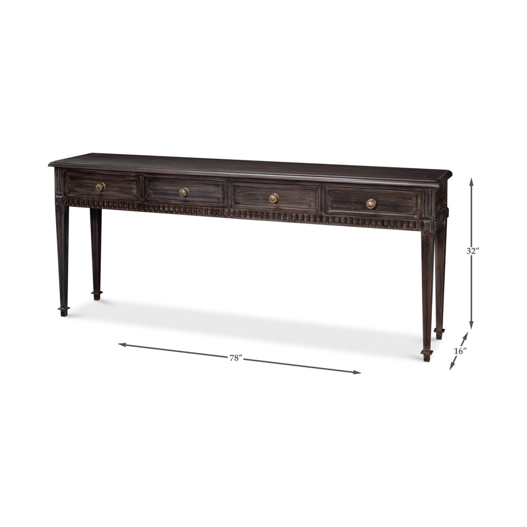 Console table dimensions showcased in minimalist setting.