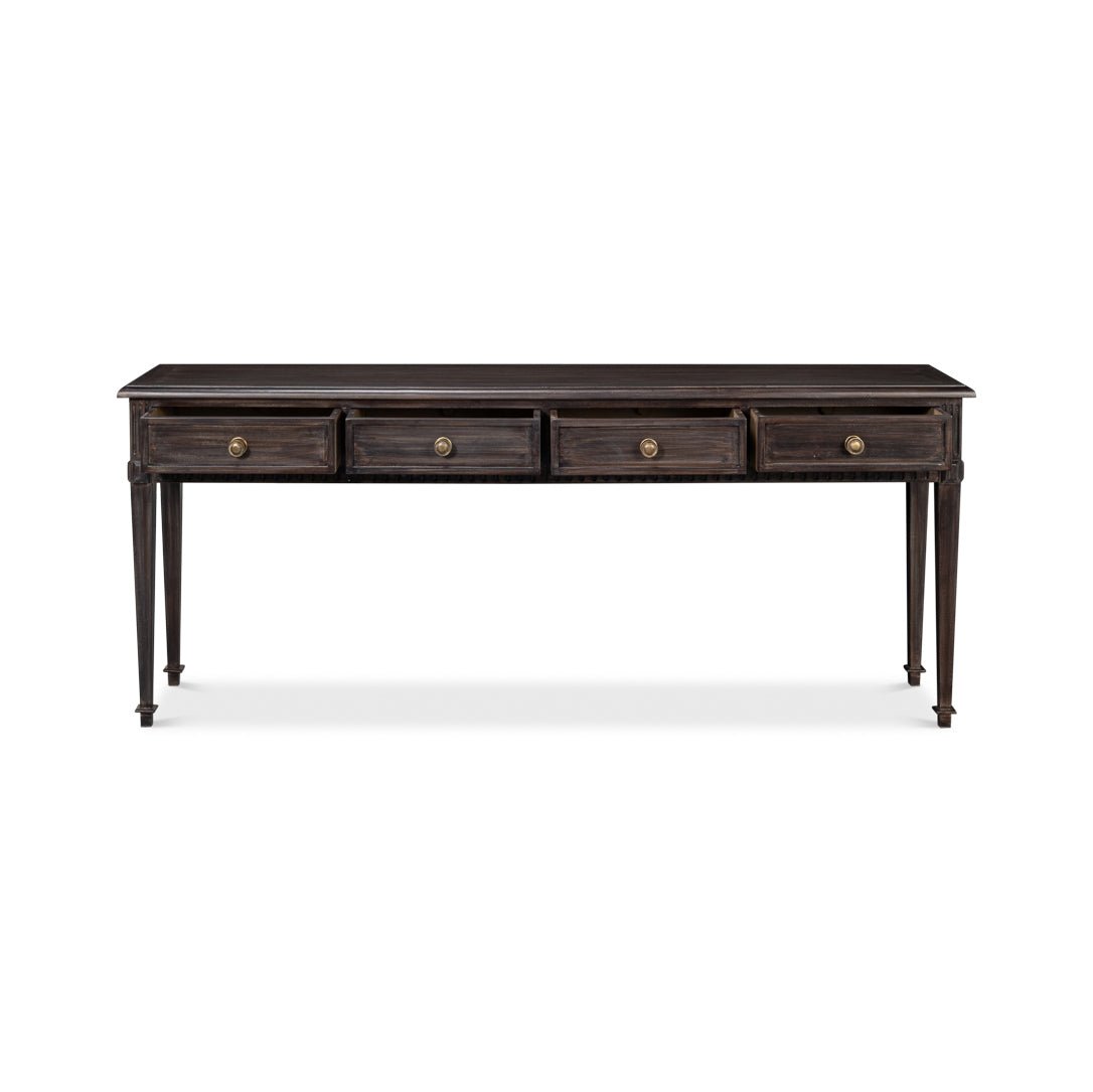 Console table front view highlighting drawer details.